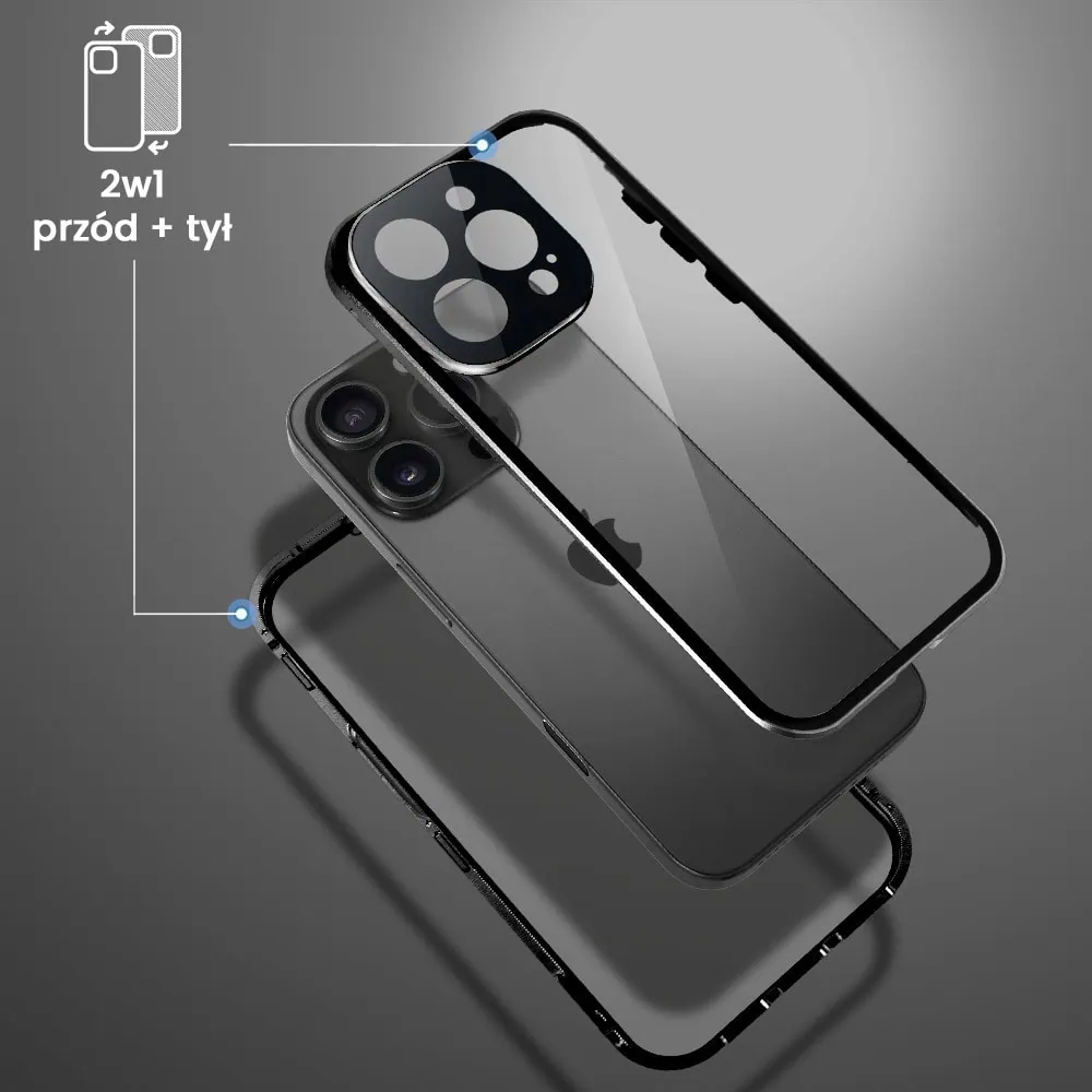 Obudowa do iPhone 16 Pro podwójna szyba i polerowane aluminium 360° magnetyczna, z osłoną aparatu, czarna