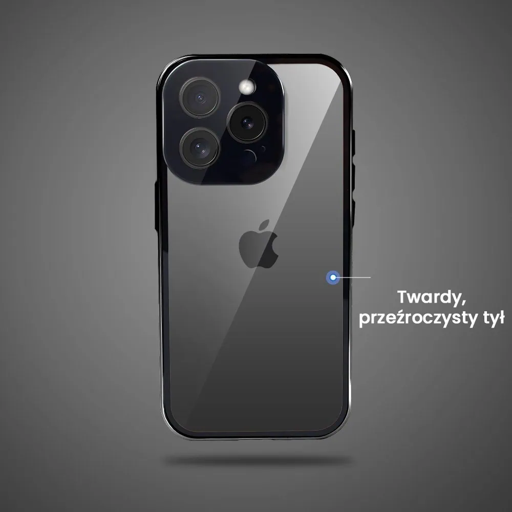 Obudowa do iPhone 16 Pro podwójna szyba i polerowane aluminium 360° magnetyczna, z osłoną aparatu, czarna