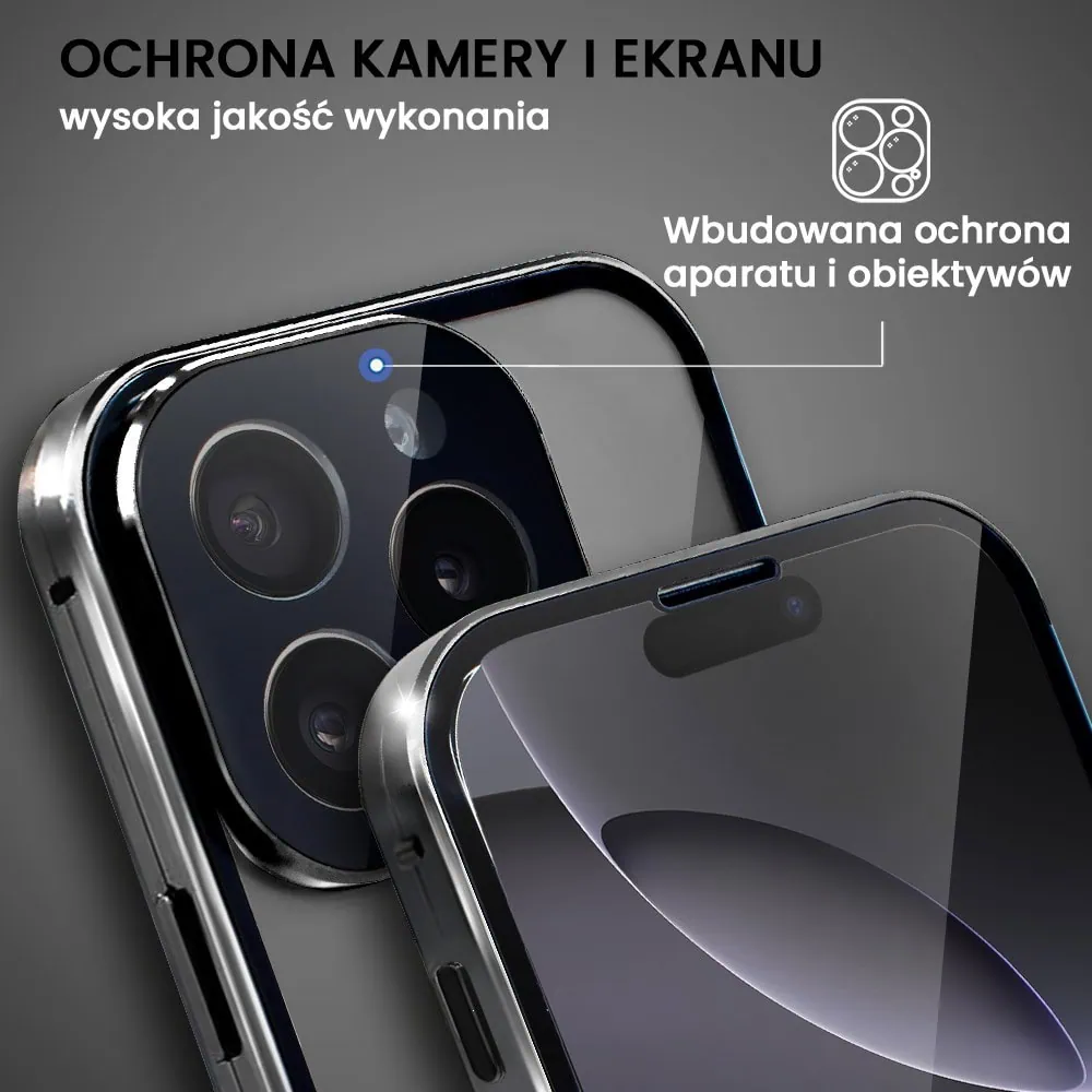 Obudowa do iPhone 16 Pro podwójna szyba i polerowane aluminium 360° magnetyczna, z osłoną aparatu, czarna