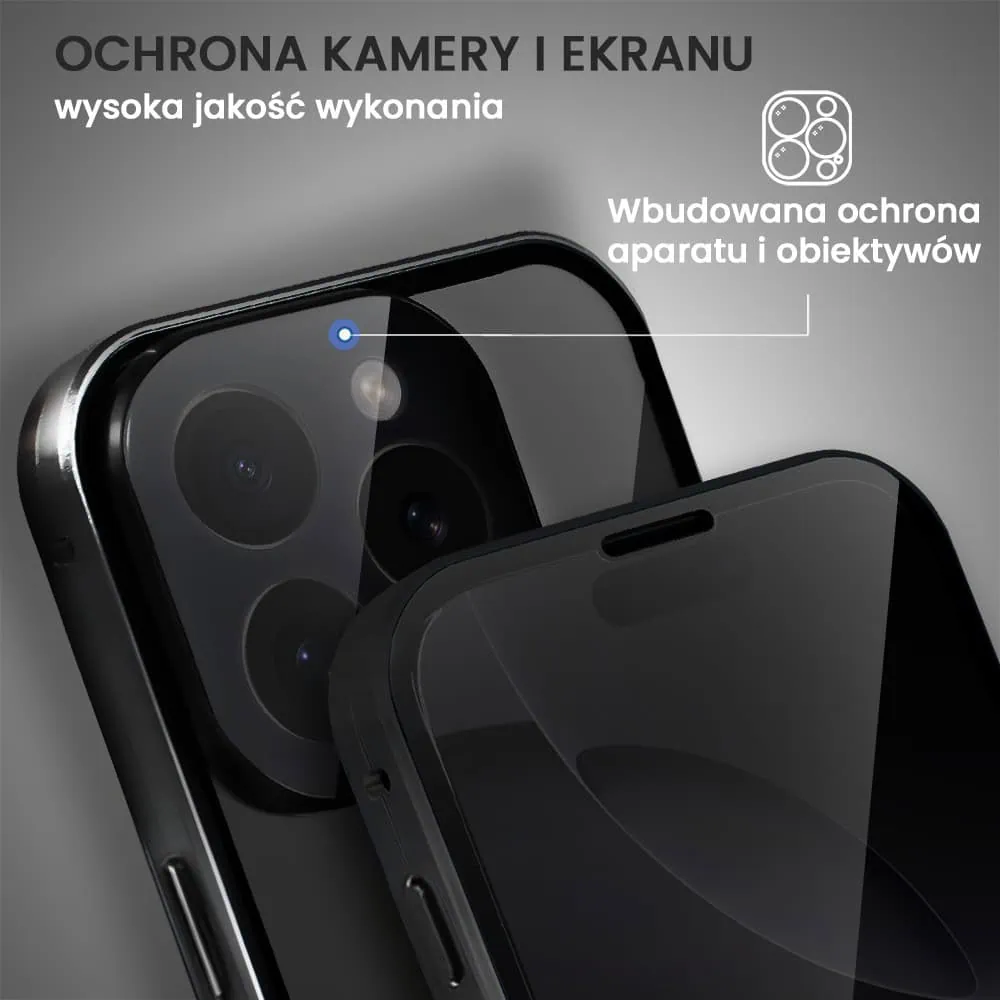 Obudowa do iPhone 16 Pro Max, podwójna szyba i aluminium 360° przód + tył magnetyczna, z osłoną aparatu i szkłem prywatyzującym, czarna
