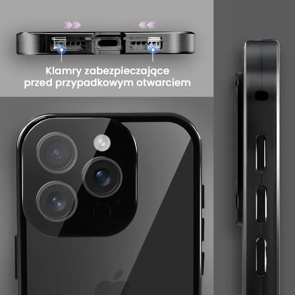 Obudowa do iPhone 16 Pro Max, podwójna szyba i aluminium 360° przód + tył magnetyczna, z osłoną aparatu i szkłem prywatyzującym, czarna