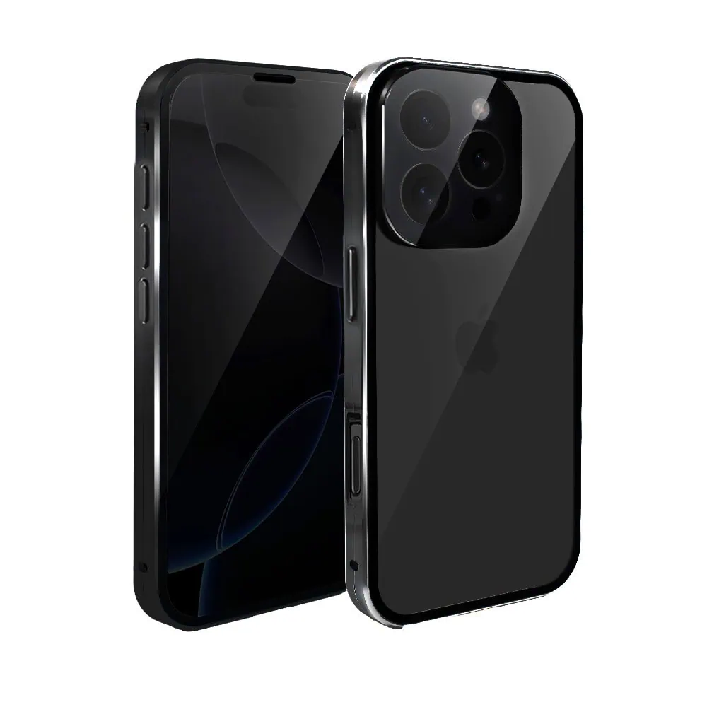 Obudowa do iPhone 16 Pro Max, podwójna szyba i aluminium 360° przód + tył magnetyczna, z osłoną aparatu i szkłem prywatyzującym, czarna