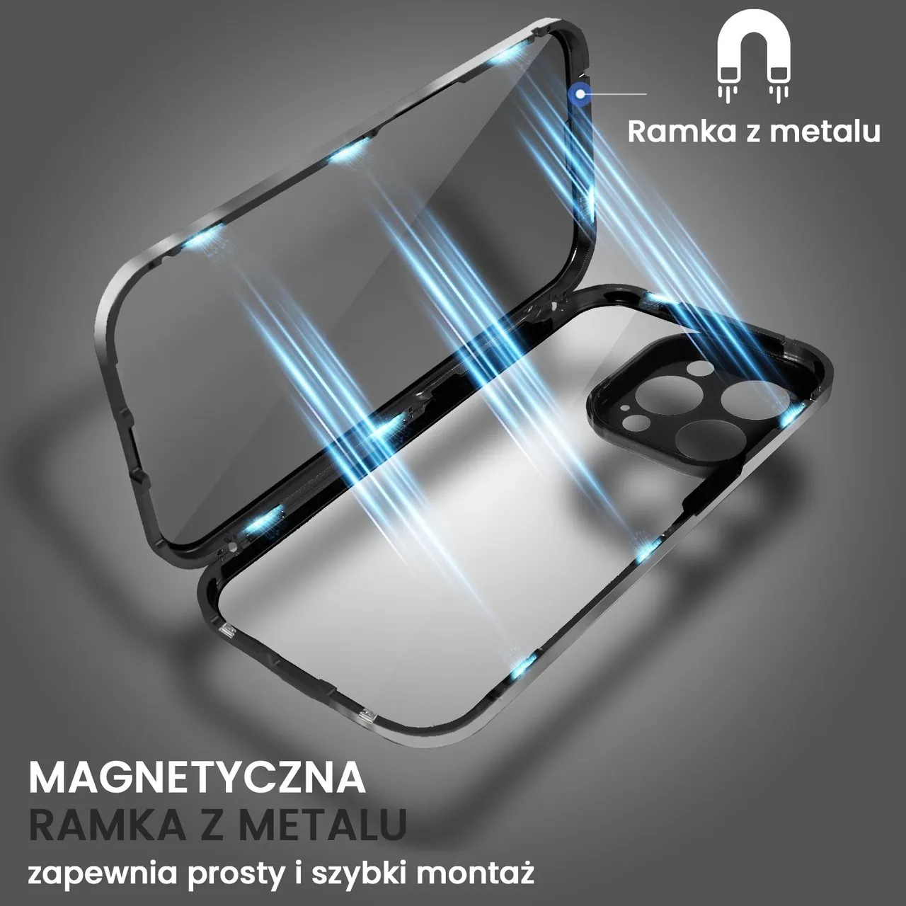 Obudowa do iPhone 16 Pro Max, podwójna szyba i aluminium 360° przód + tył magnetyczna, z osłoną aparatu i szkłem prywatyzującym, czarna