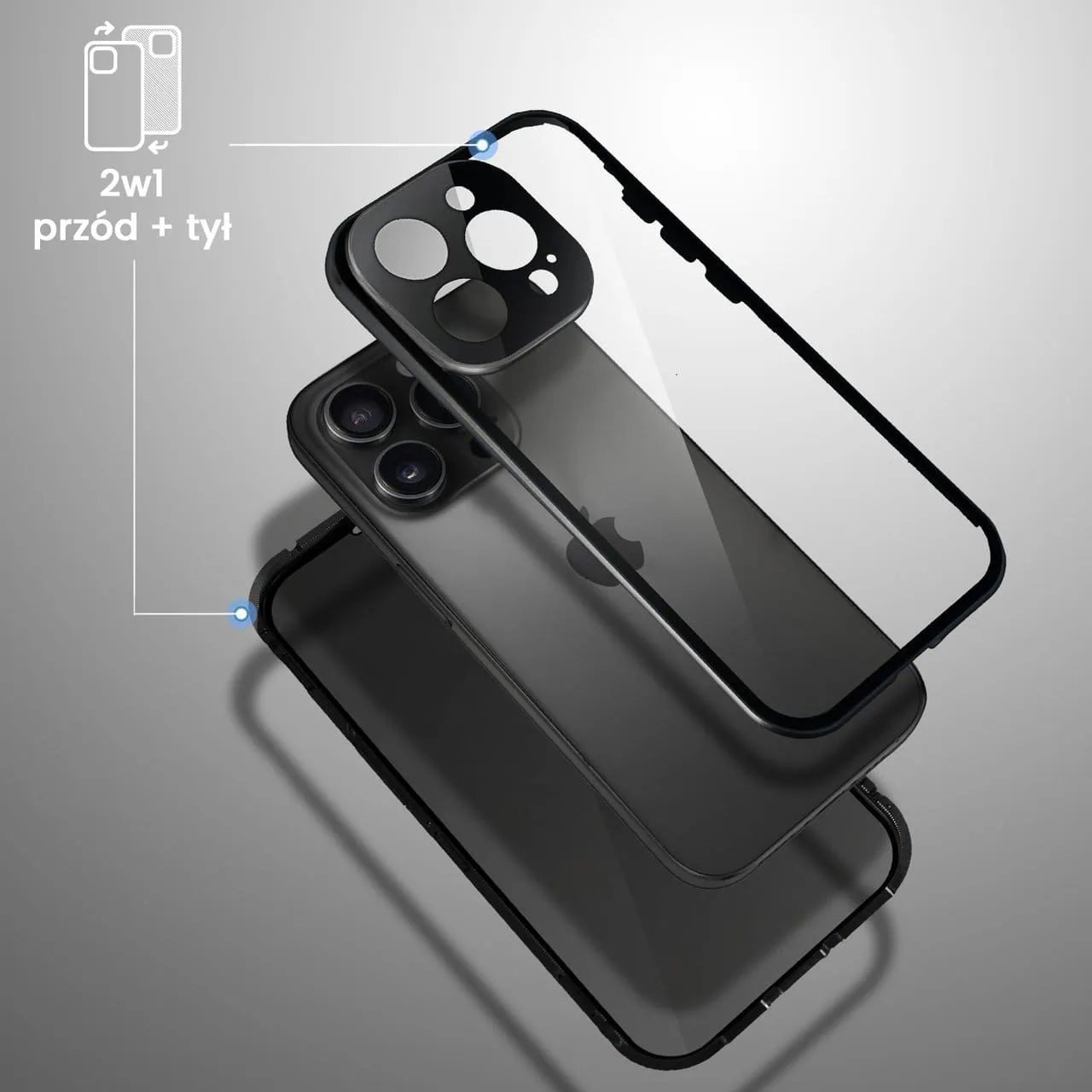 Obudowa do iPhone 16 Pro Max, podwójna szyba i aluminium 360° przód + tył magnetyczna, z osłoną aparatu i szkłem prywatyzującym, czarna