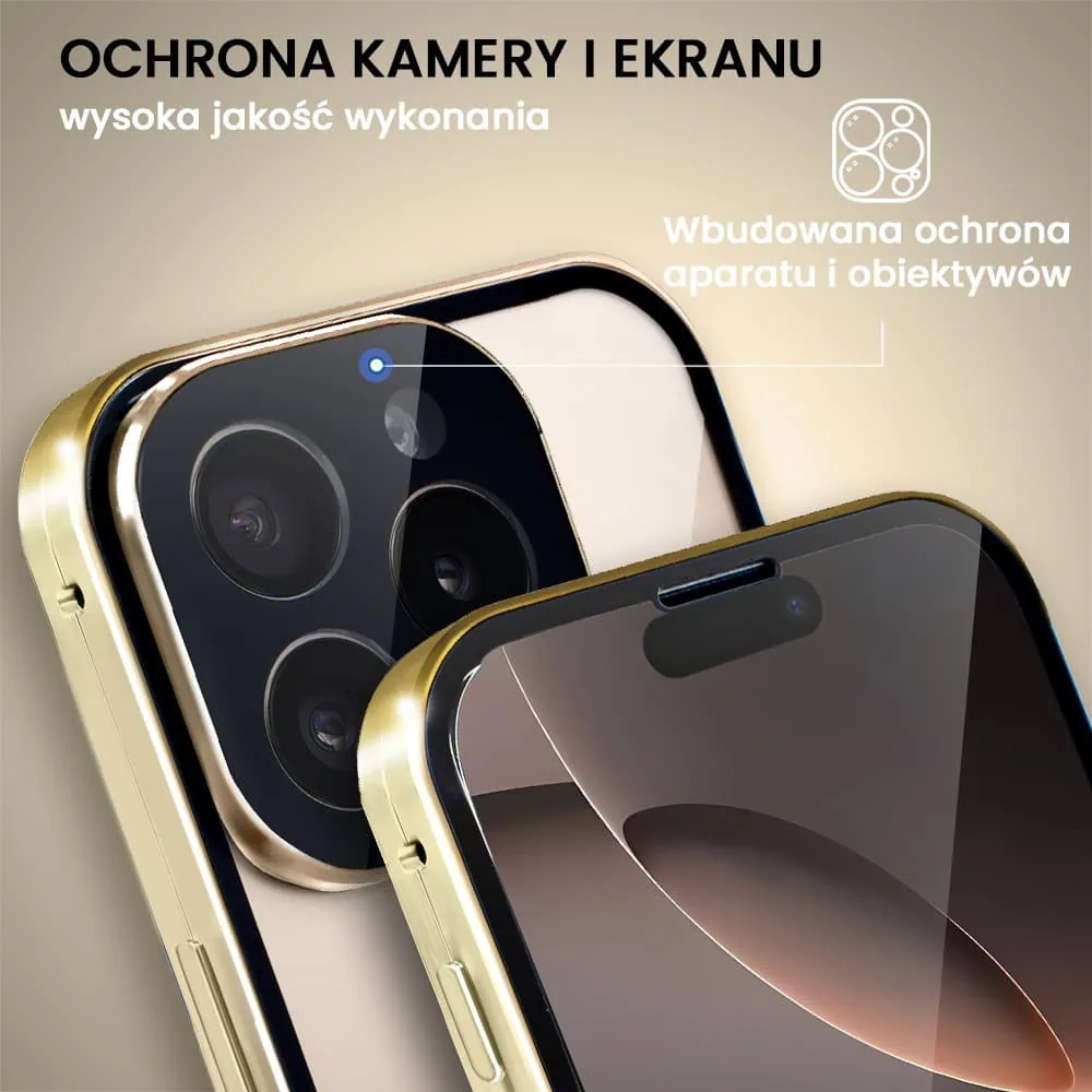 Obudowa do iPhone 16 Pro podwójna szyba i polerowane aluminium 360° magnetyczna, z osłoną aparatu, złota