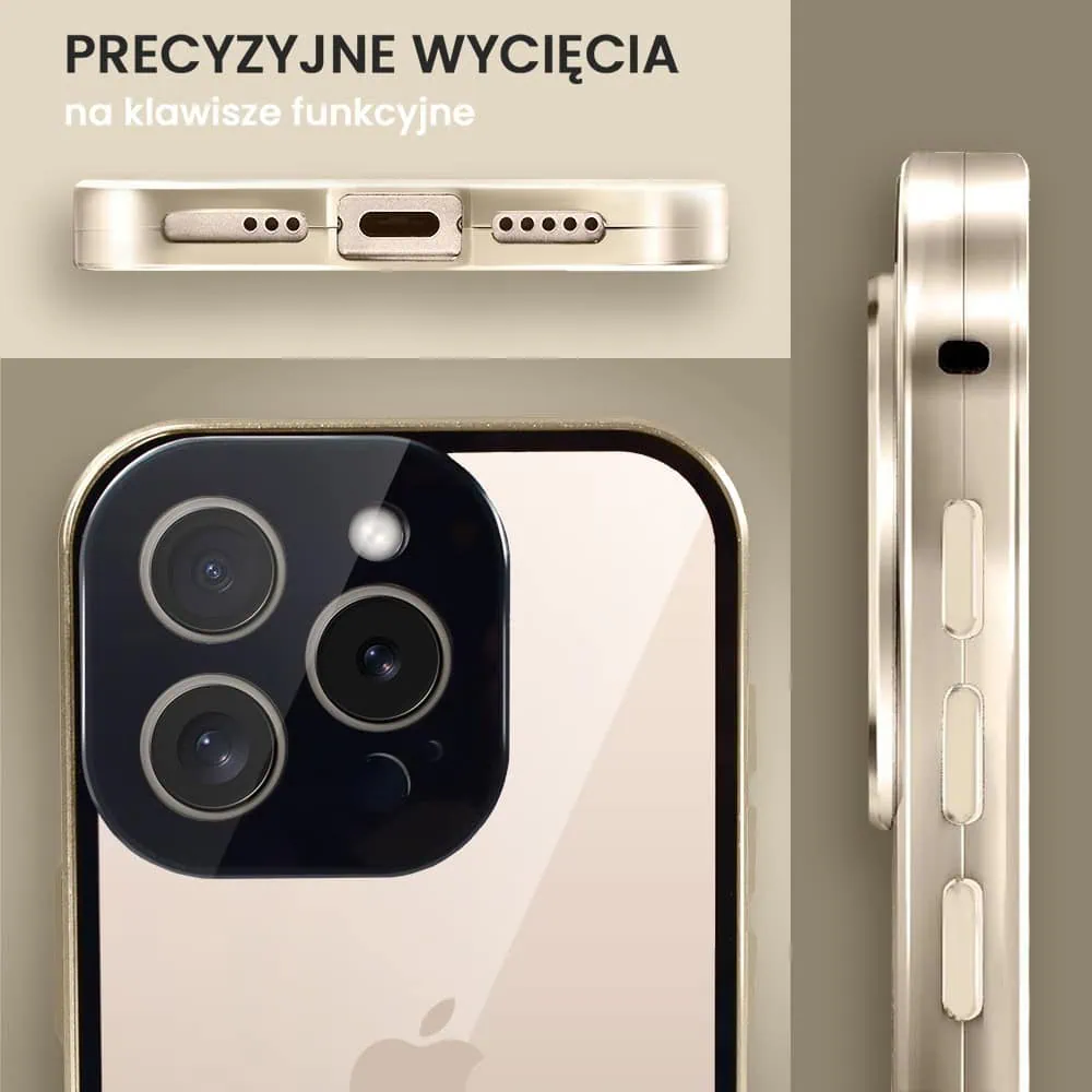 Obudowa do iPhone 16 Pro podwójna szyba i polerowane aluminium 360° magnetyczna, z osłoną aparatu, złota