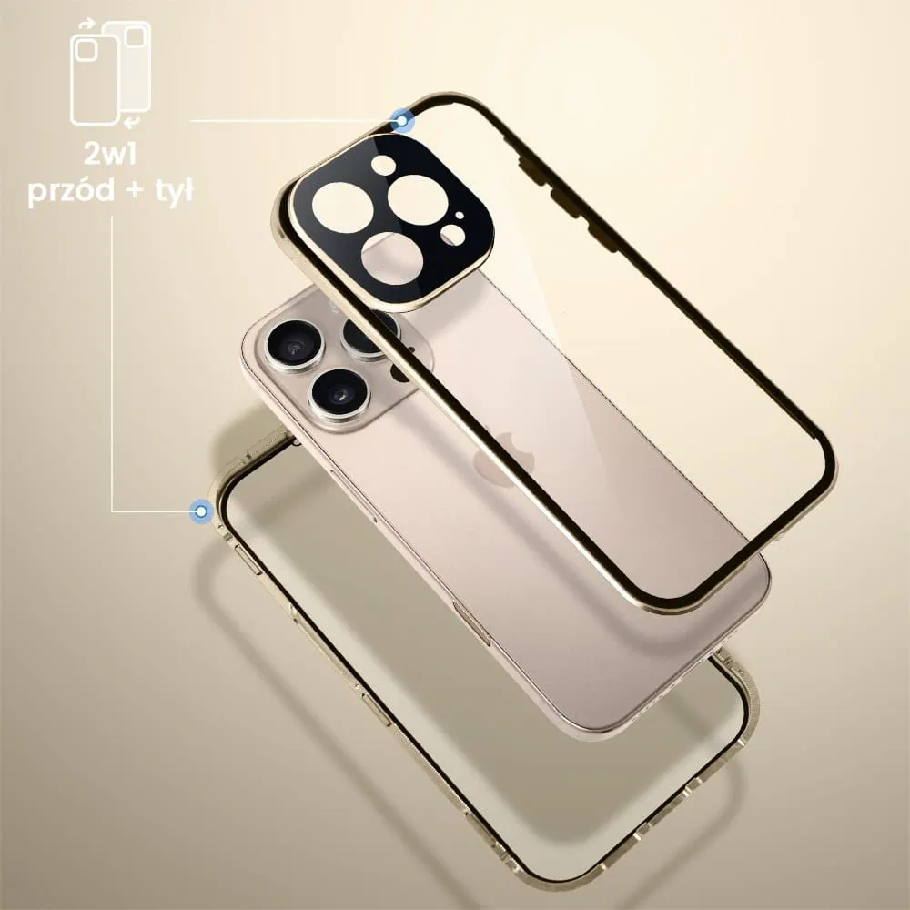 Obudowa do iPhone 16 Pro podwójna szyba i polerowane aluminium 360° magnetyczna, z osłoną aparatu, złota