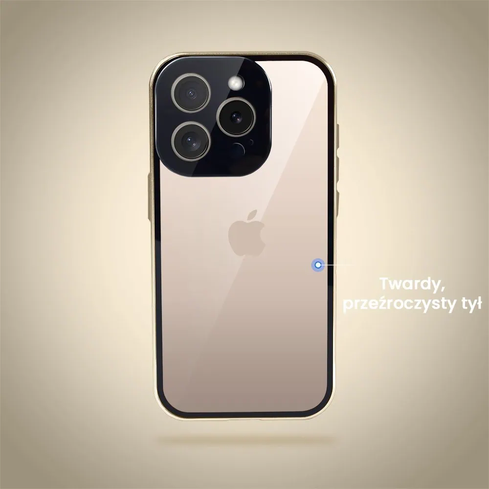Obudowa do iPhone 16 Pro podwójna szyba i polerowane aluminium 360° magnetyczna, z osłoną aparatu, złota