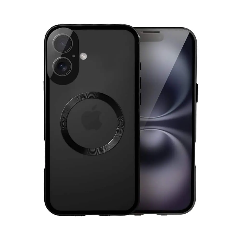 Obudowa do iPhone 16 podwójna szyba i aluminium 360° przód + tył magnetyczna, matowy tył, z MagSafe i osłoną aparatu, czarna