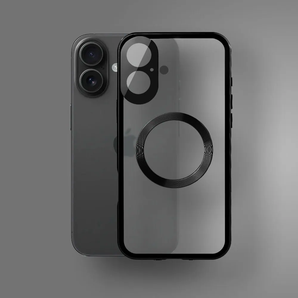 Obudowa do iPhone 16 podwójna szyba i aluminium 360° przód + tył magnetyczna, matowy tył, z MagSafe i osłoną aparatu, czarna