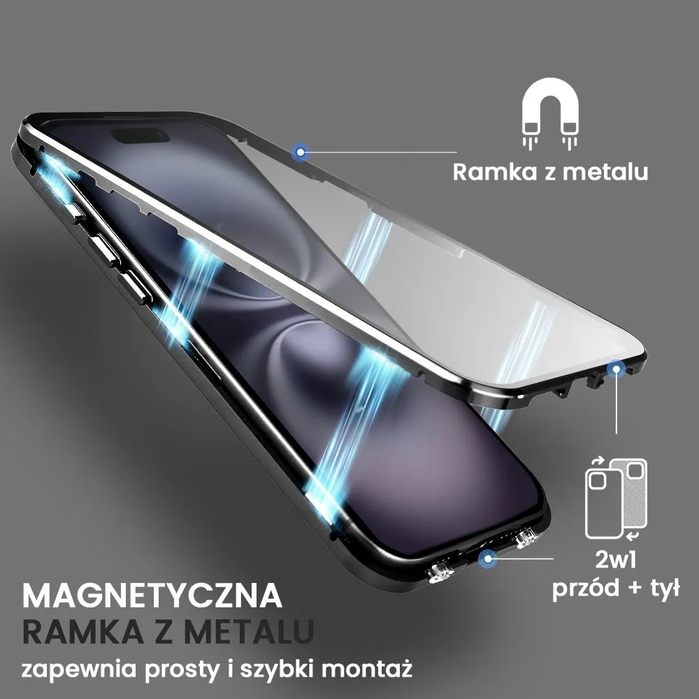 Obudowa do iPhone 16 podwójna szyba i aluminium 360° przód + tył magnetyczna, matowy tył, z MagSafe i osłoną aparatu, czarna
