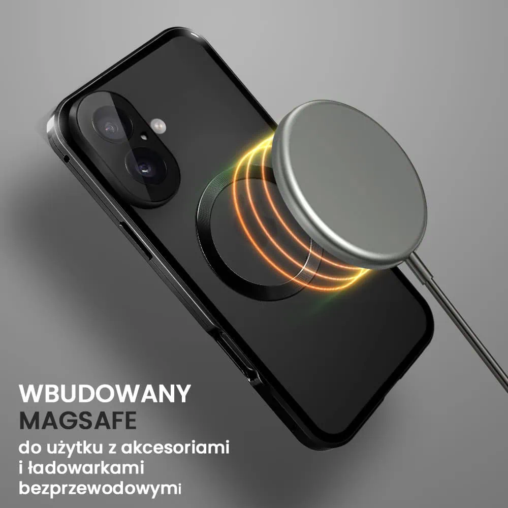 Obudowa do iPhone 16 podwójna szyba i aluminium 360° przód + tył magnetyczna, matowy tył, z MagSafe i osłoną aparatu, czarna