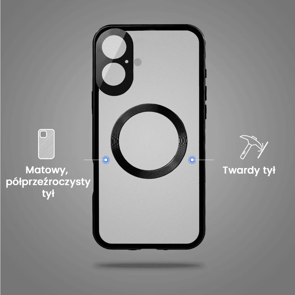 Obudowa do iPhone 16 podwójna szyba i aluminium 360° przód + tył magnetyczna, matowy tył, z MagSafe i osłoną aparatu, czarna