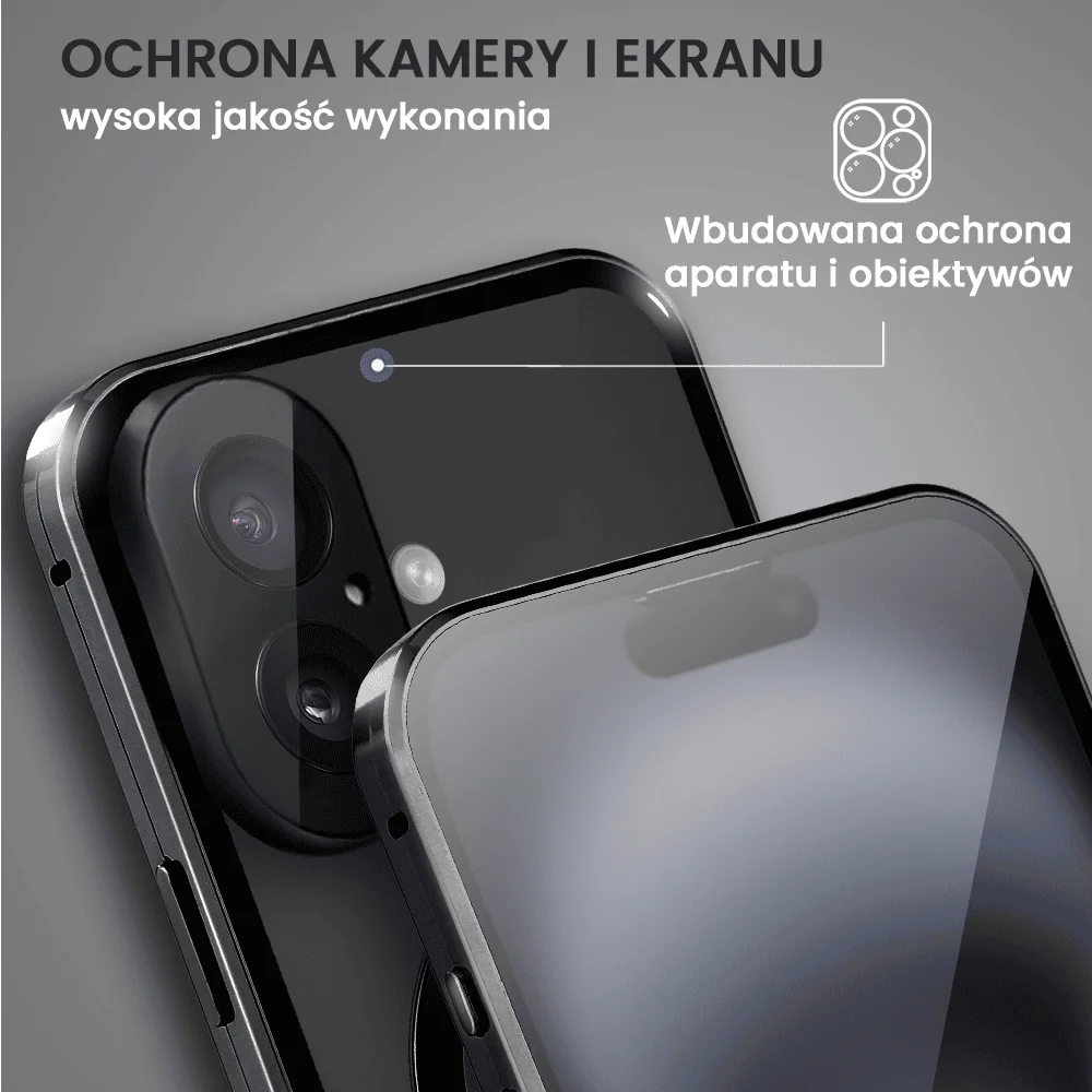 Obudowa do iPhone 16 podwójna szyba i aluminium 360° przód + tył magnetyczna, matowy tył, z MagSafe i osłoną aparatu, czarna