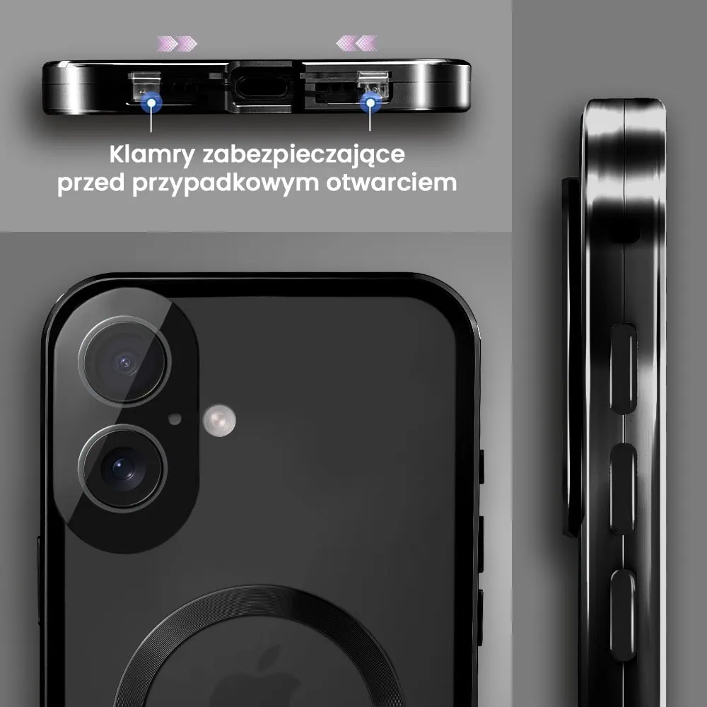 Obudowa do iPhone 16 podwójna szyba i aluminium 360° przód + tył magnetyczna, matowy tył, z MagSafe i osłoną aparatu, czarna