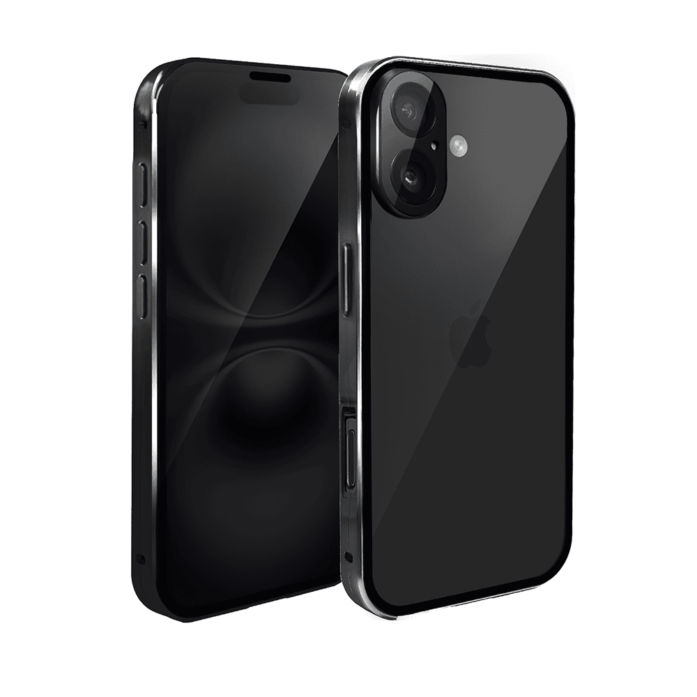 Obudowa do iPhone 16, podwójna szyba i aluminium 360° przód + tył magnetyczna, z osłoną aparatu i szkłem prywatyzującym, czarna