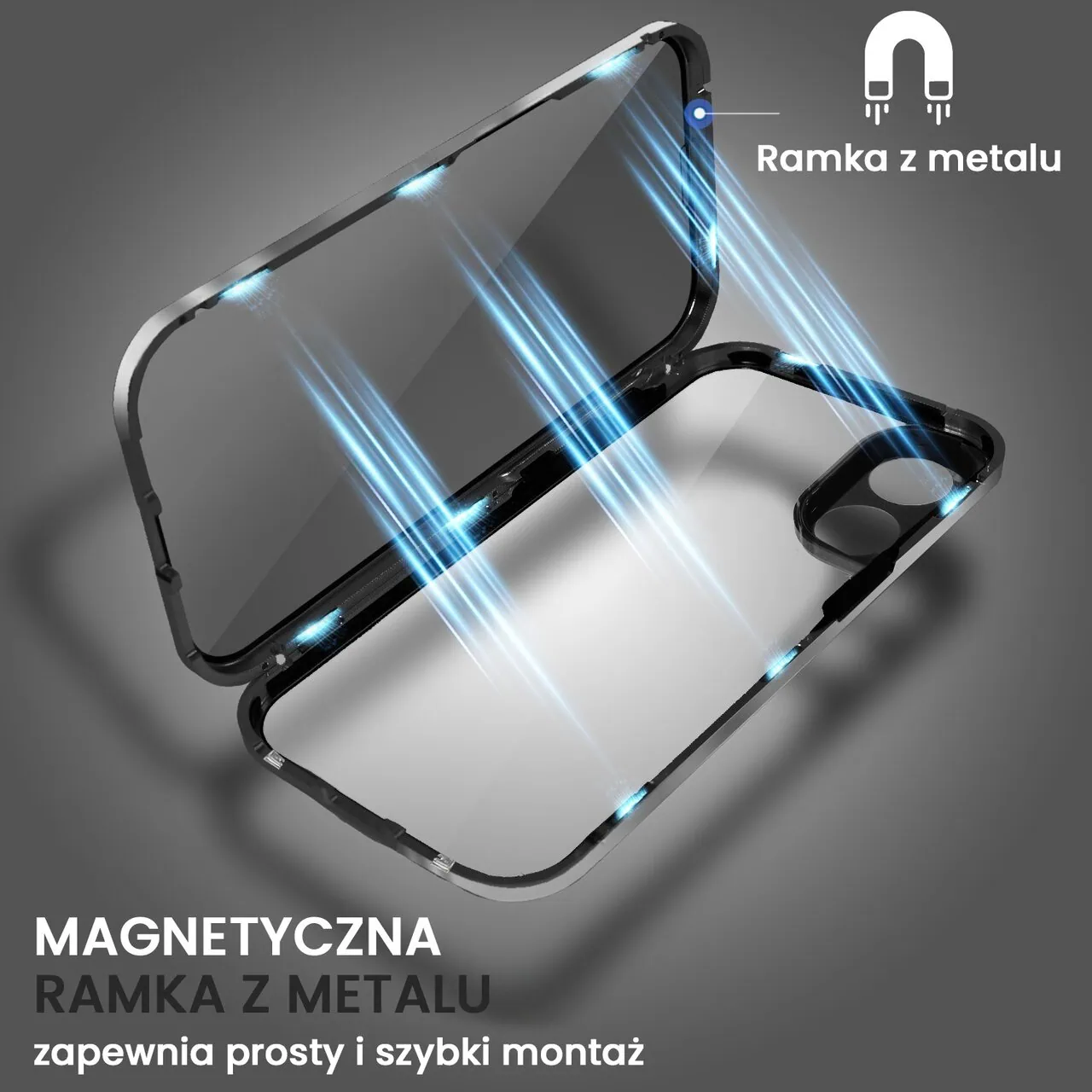 Obudowa do iPhone 16, podwójna szyba i aluminium 360° przód + tył magnetyczna, z osłoną aparatu i szkłem prywatyzującym, czarna