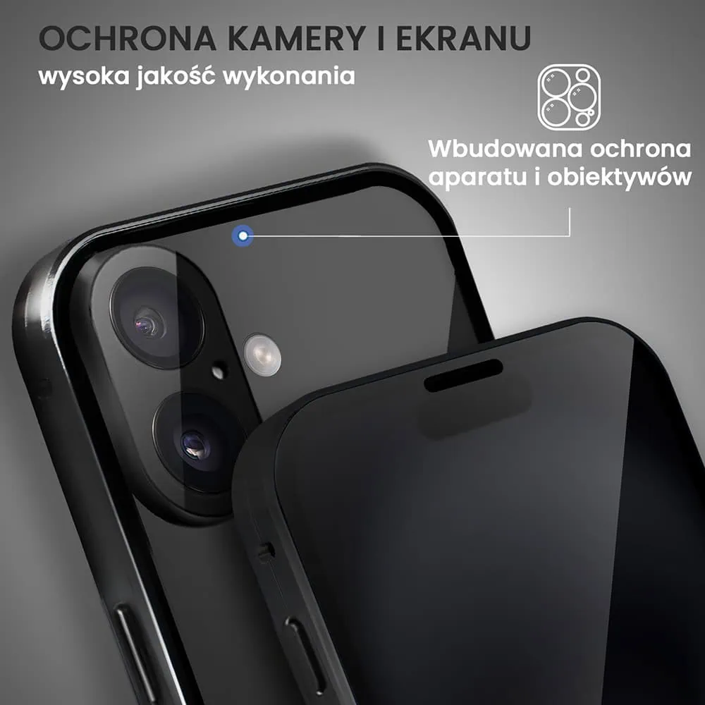 Obudowa do iPhone 16, podwójna szyba i aluminium 360° przód + tył magnetyczna, z osłoną aparatu i szkłem prywatyzującym, czarna