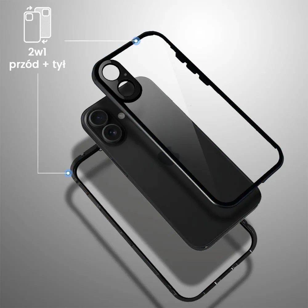 Obudowa do iPhone 16 Plus podwójna szyba i polerowane aluminium 360° magnetyczna, z osłoną aparatu, czarna