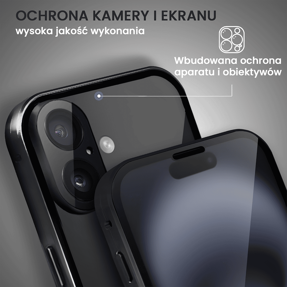 Obudowa do iPhone 16 Plus podwójna szyba i polerowane aluminium 360° magnetyczna, z osłoną aparatu, czarna