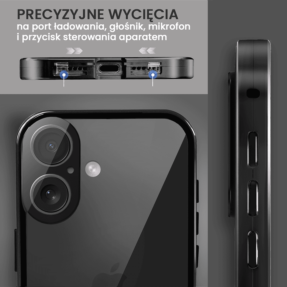 Obudowa do iPhone 16 Plus podwójna szyba i polerowane aluminium 360° magnetyczna, z osłoną aparatu, czarna