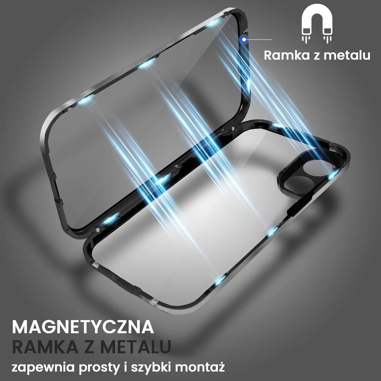 Obudowa do iPhone 16 Plus podwójna szyba i polerowane aluminium 360° magnetyczna, z osłoną aparatu, czarna
