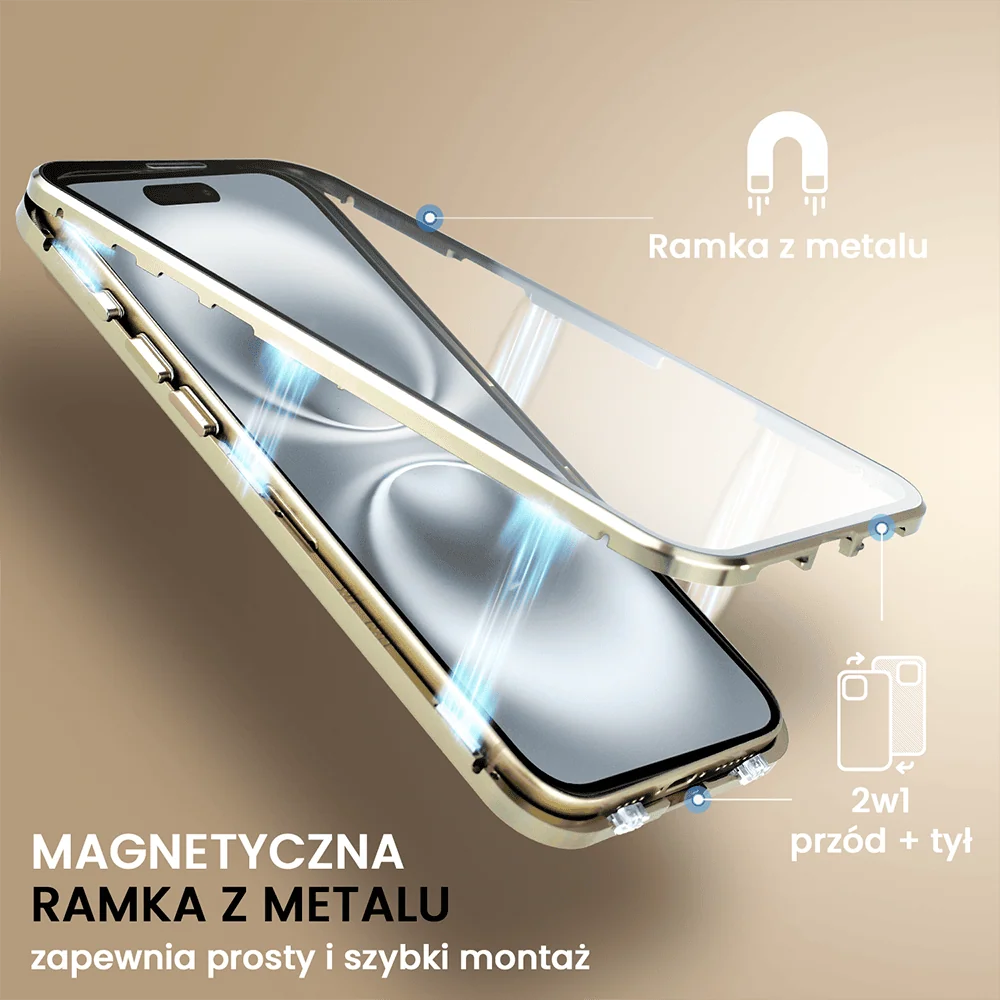 Obudowa do iPhone 16 Plus podwójna szyba i polerowane aluminium 360° magnetyczna, z osłoną aparatu, złota