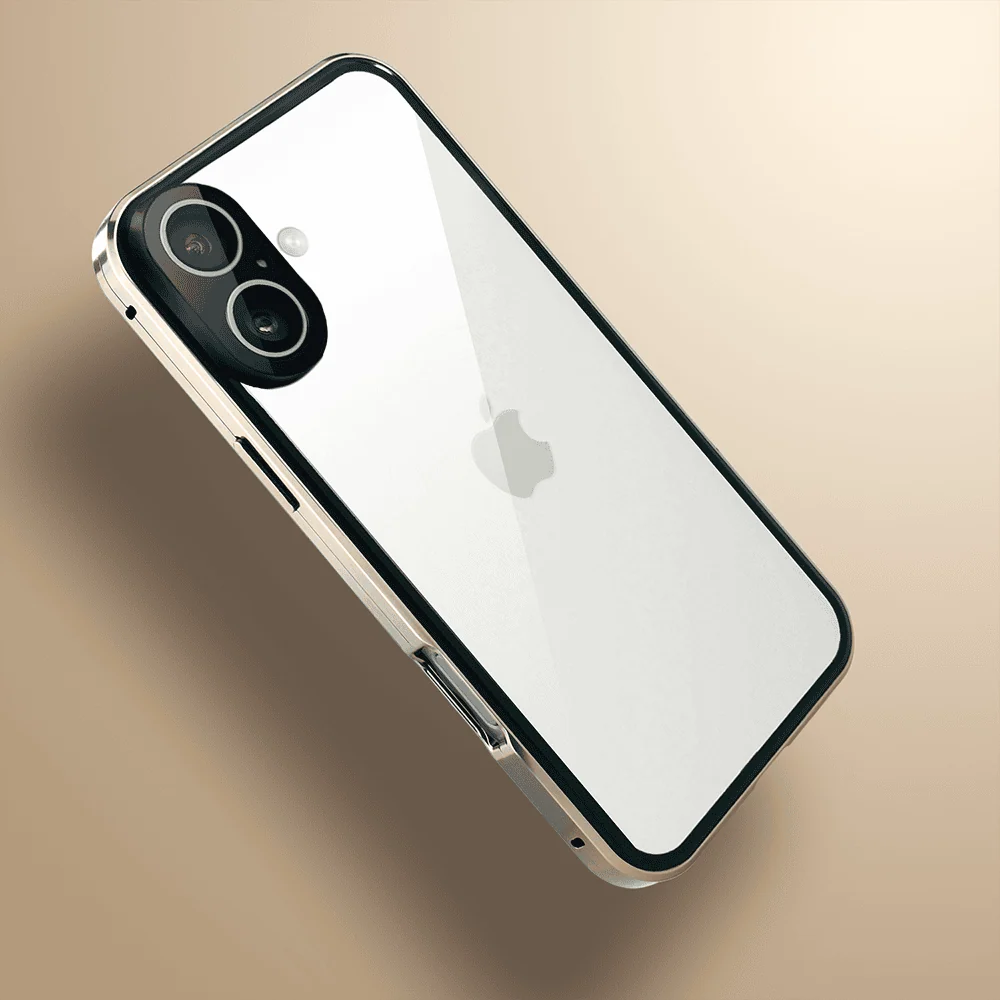 Obudowa do iPhone 16 Plus podwójna szyba i polerowane aluminium 360° magnetyczna, z osłoną aparatu, złota