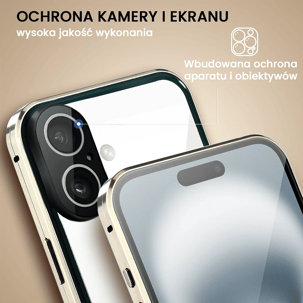 Obudowa do iPhone 16 Plus podwójna szyba i polerowane aluminium 360° magnetyczna, z osłoną aparatu, złota