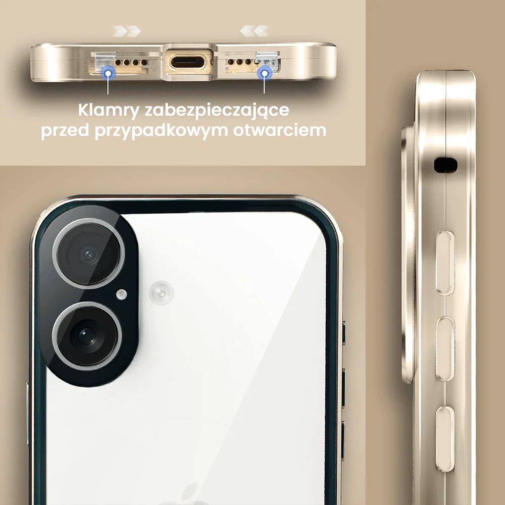 Obudowa do iPhone 16 Plus podwójna szyba i polerowane aluminium 360° magnetyczna, z osłoną aparatu, złota