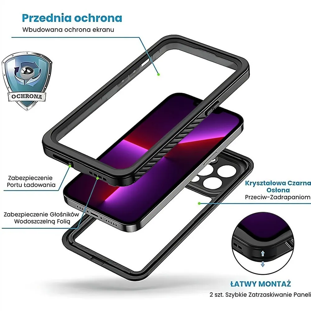 Obudowa wodoodporna do iPhone 13 Pro Max, pancerna 360°, czarna