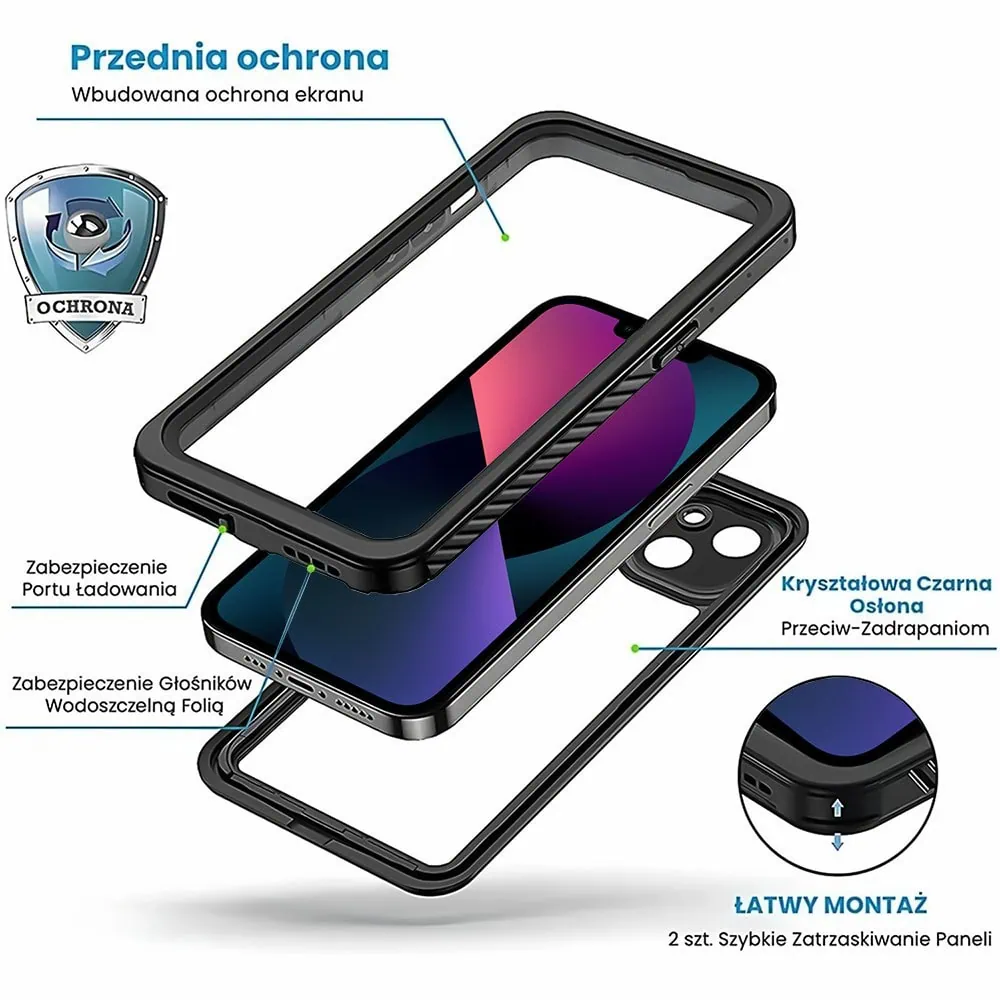 Obudowa wodoodporna do iPhone 13, pancerna 360°, czarna