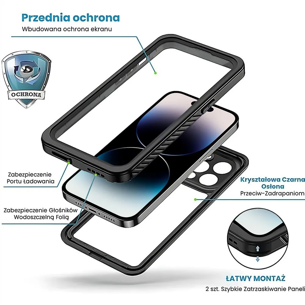 Obudowa wodoodporna do iPhone 14 Pro, pancerna 360°, czarna