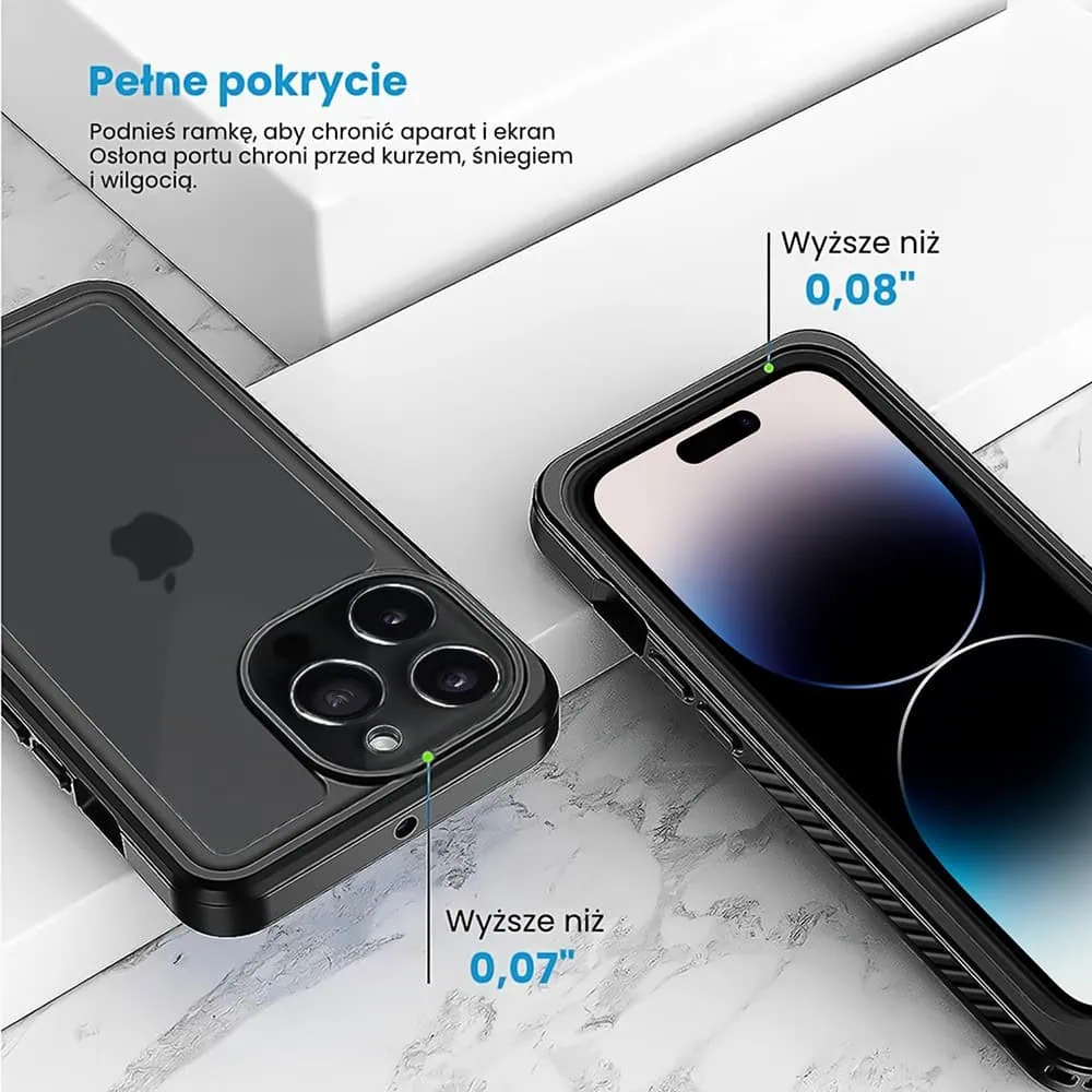 Obudowa wodoodporna do iPhone 14 Pro, pancerna 360°, czarna