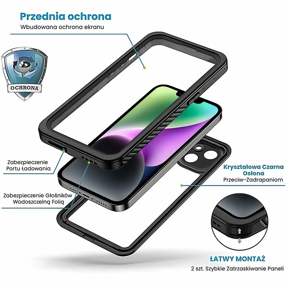 Obudowa wodoodporna do iPhone 14, pancerna 360°, czarna
