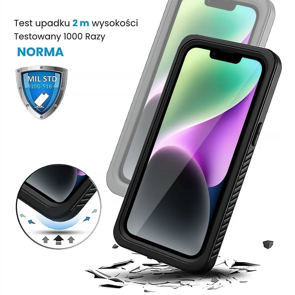 Obudowa wodoodporna do iPhone 14, pancerna 360°, czarna