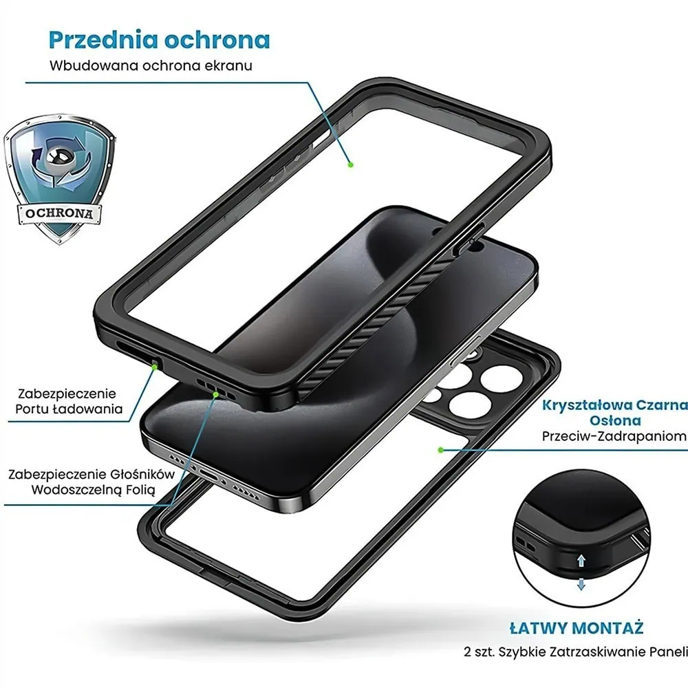 Obudowa wodoodporna do iPhone 15 Pro Max, pancerna 360°, czarna