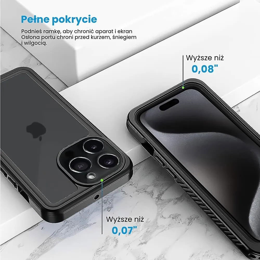 Obudowa wodoodporna do iPhone 15 Pro Max, pancerna 360°, czarna