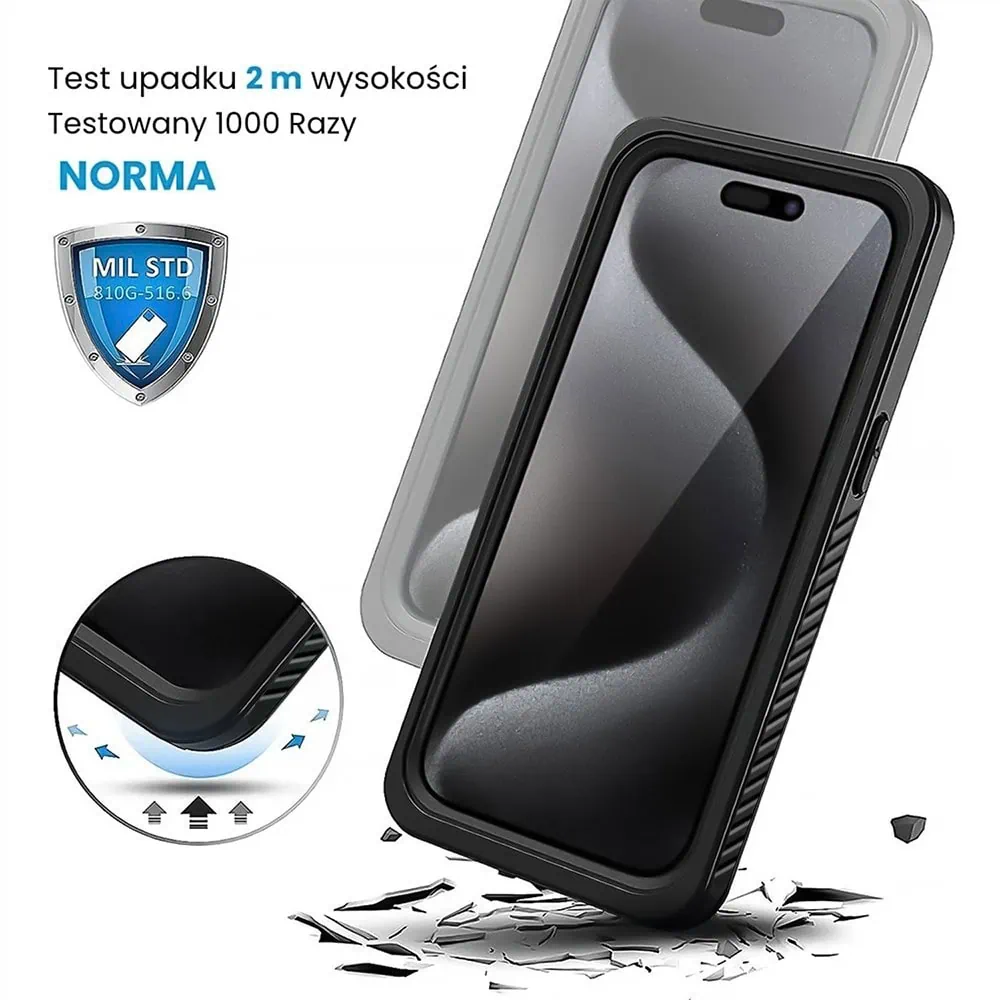 Obudowa wodoodporna do iPhone 15 Pro Max, pancerna 360°, czarna