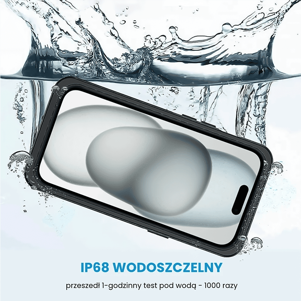 Obudowa wodoodporna do iPhone 15 Plus, pancerna 360°, czarna
