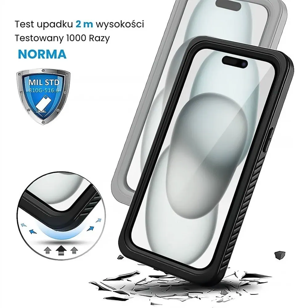 Obudowa wodoodporna do iPhone 15 Plus, pancerna 360°, czarna