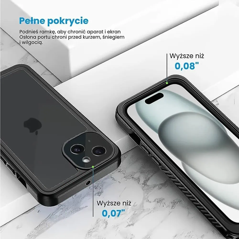 Obudowa wodoodporna do iPhone 15 Plus, pancerna 360°, czarna