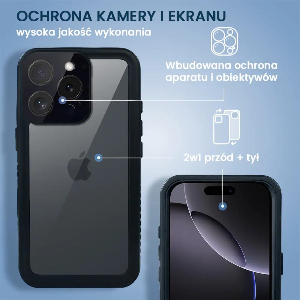 Obudowa wodoodporna do iPhone 16 Pro, pancerna 360°, czarna