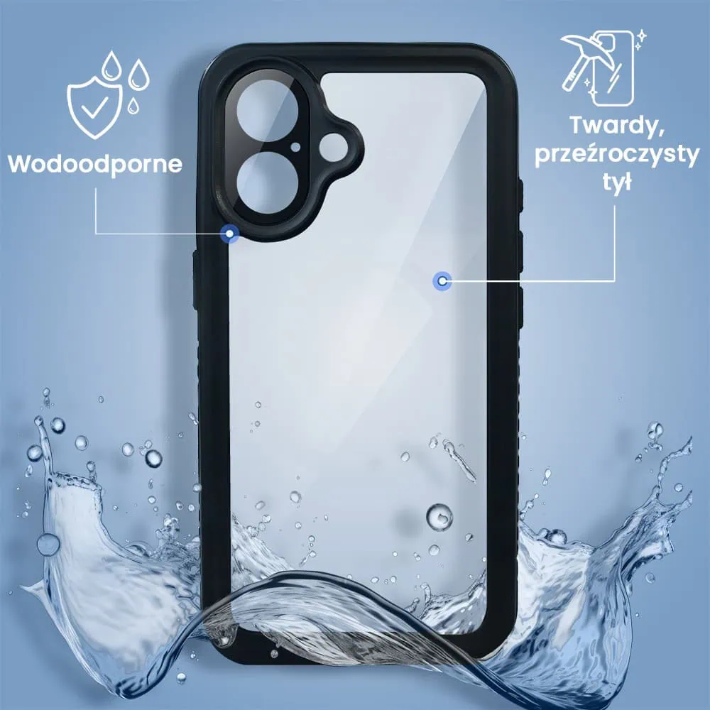 Obudowa wodoodporna do iPhone 16 Plus, pancerna 360°, czarna