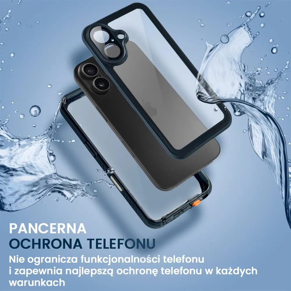Obudowa wodoodporna do iPhone 16 Plus, pancerna 360°, czarna