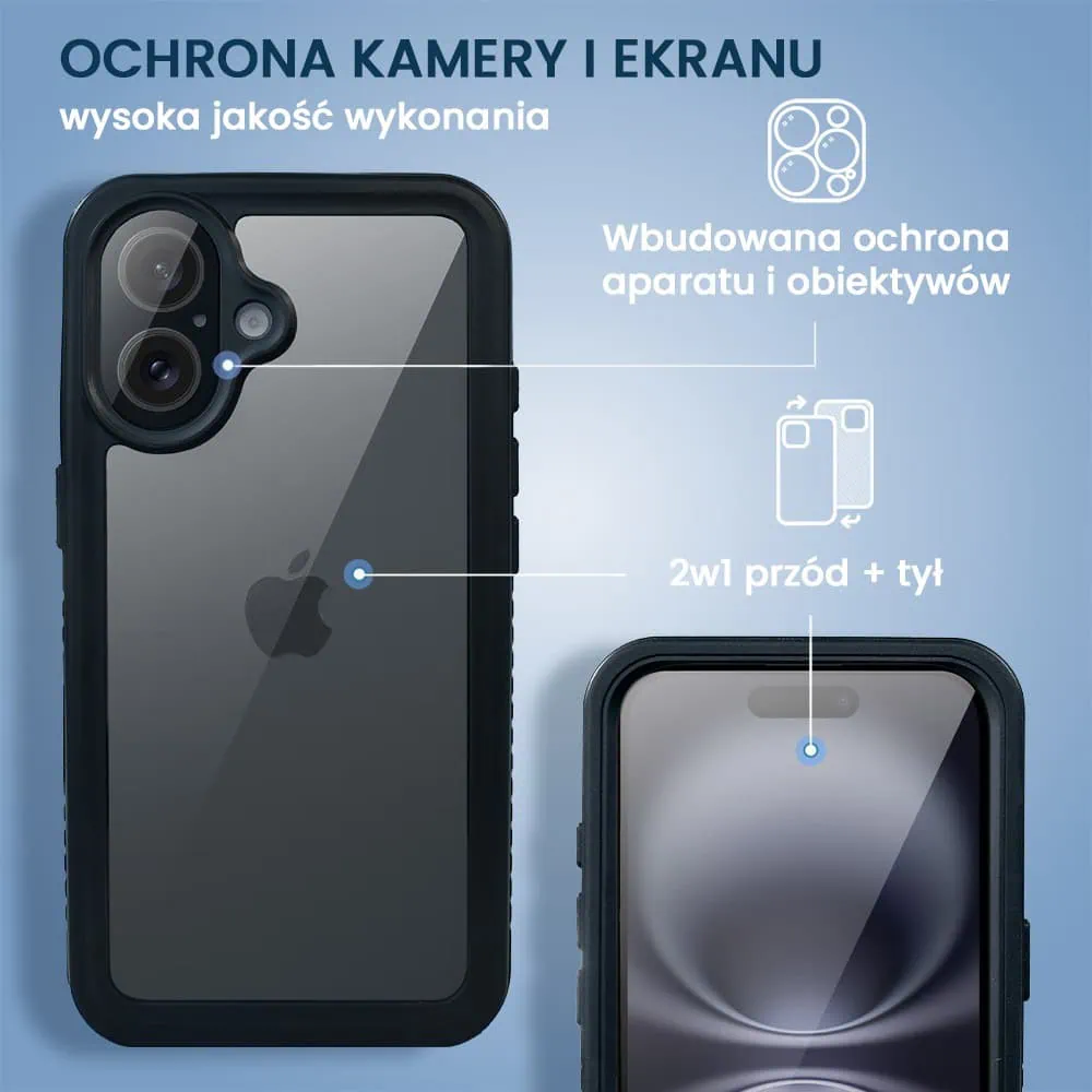 Obudowa wodoodporna do iPhone 16 Plus, pancerna 360°, czarna