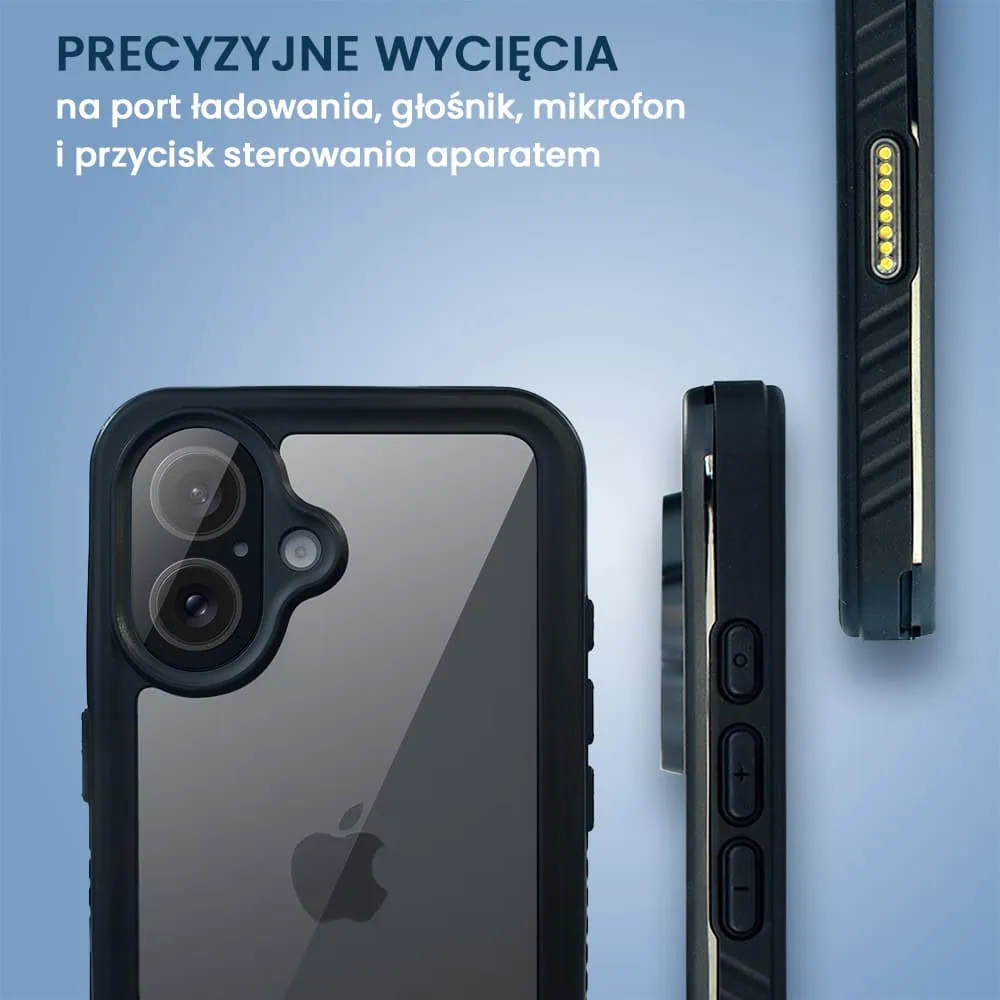 Obudowa wodoodporna do iPhone 16 Plus, pancerna 360°, czarna