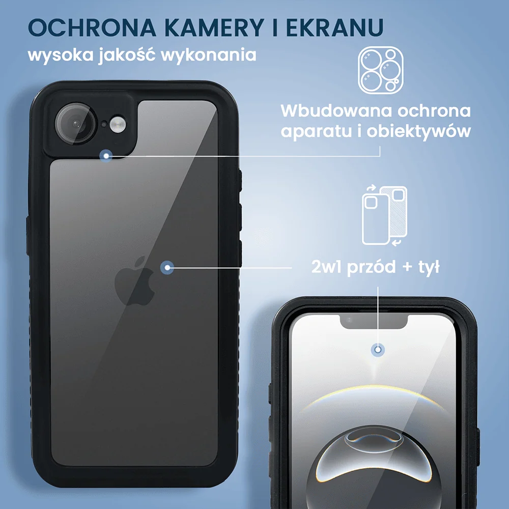 Obudowa wodoodporna do iPhone 16e, pancerna 360°, czarna