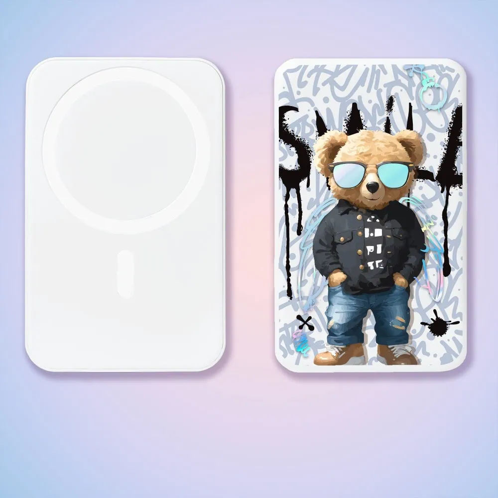 Power bank 10 000 mAh do iPhone, ładowanie bezprzewodowe MagSafe, Graffiti Boy, artystyczny miś, biały
