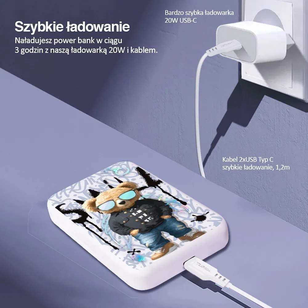 Power bank 10 000 mAh do iPhone, ładowanie bezprzewodowe MagSafe, Graffiti Boy, artystyczny miś, biały